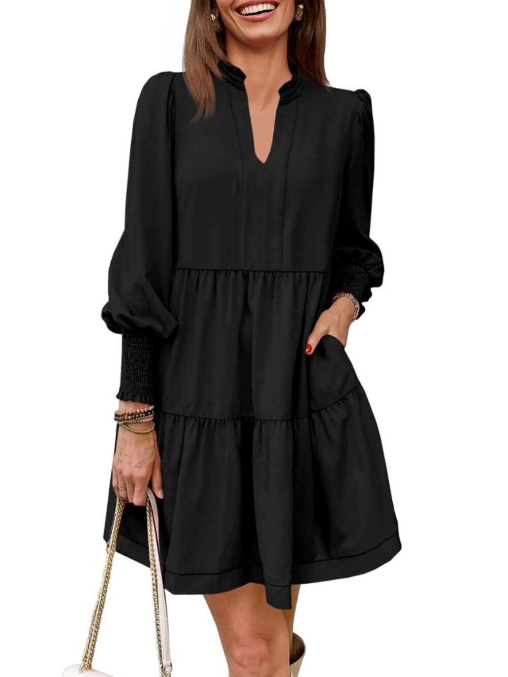 Womens Fall Long Sleeve Tunic Dress Casual V Neck Tiered Dress